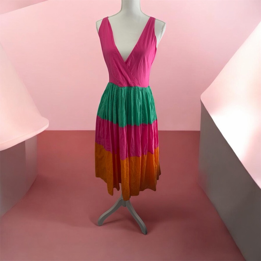 Sleeveless V-Neck Colorblock Midi Dress in Pink, Green & Orange